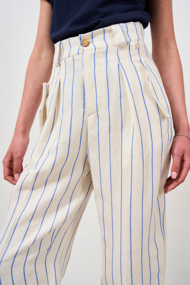 Pantalone donna a righe verticali in lino e viscosa