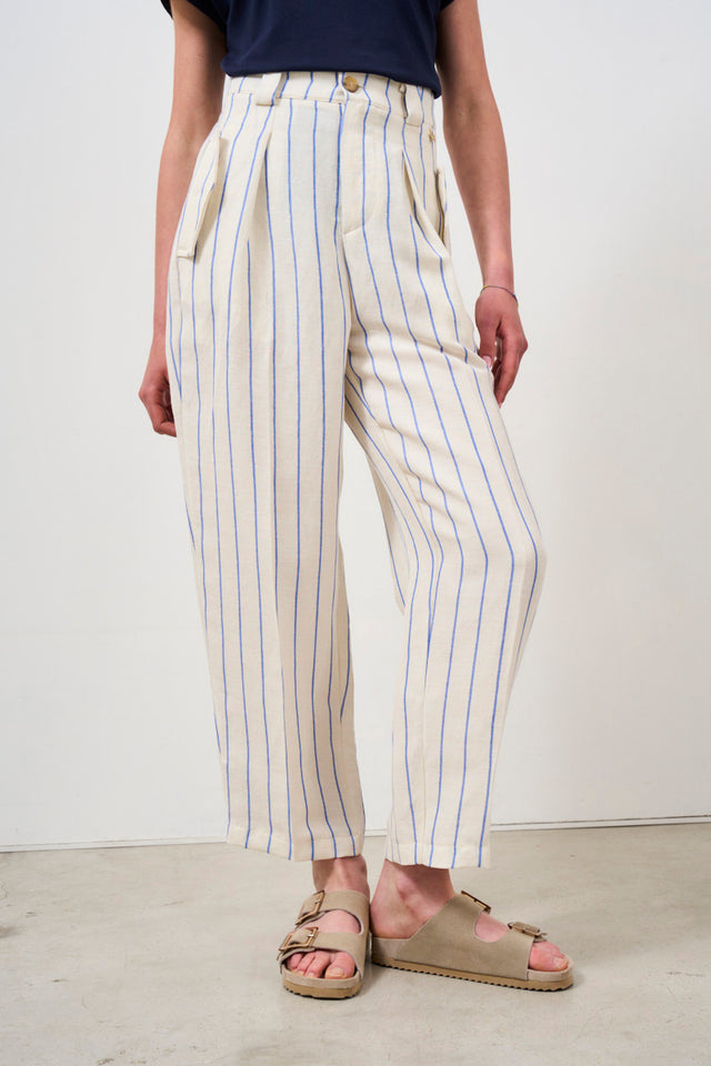 Pantalone donna a righe verticali in lino e viscosa