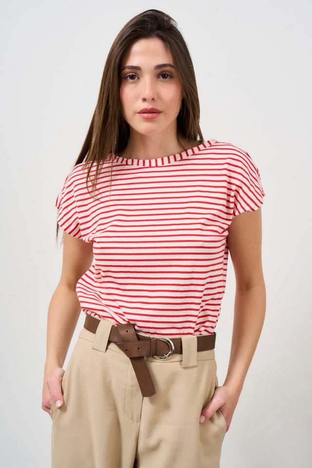 T-shirt donna a righe rosse con scollo su retro