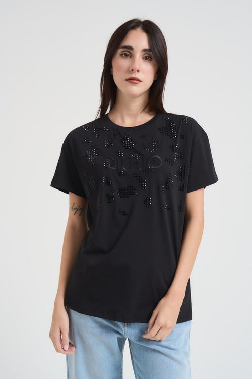 T-shirt donna nera con applicazioni
