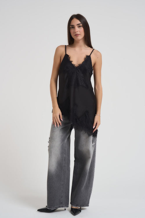 Top donna asimmetrico satinato in pizzo nero - 1