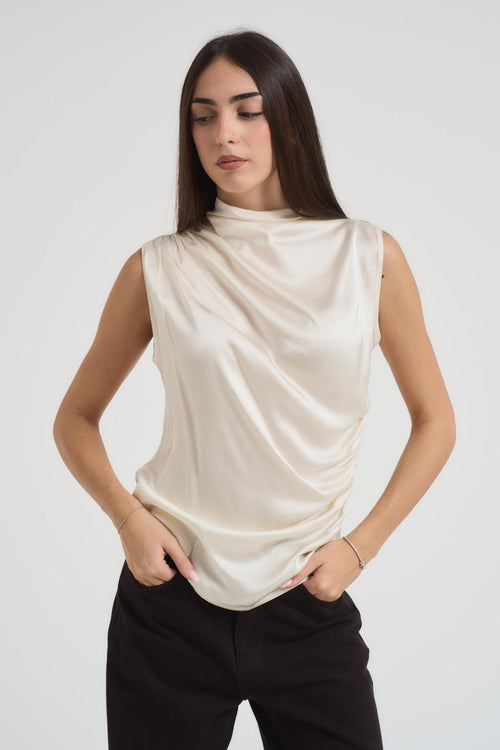 Top donna smanicato satinato panna