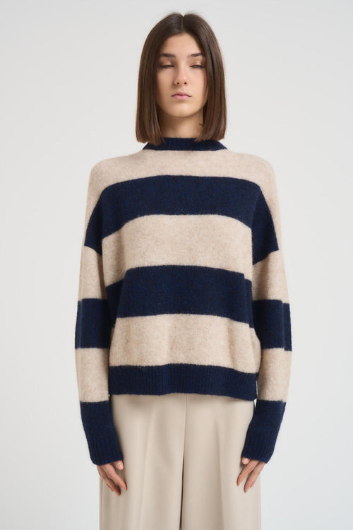 Maglia donna a righe blu e panna - 2