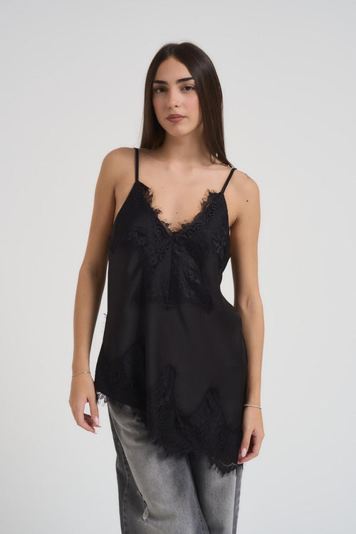 Top donna asimmetrico satinato in pizzo nero - 2