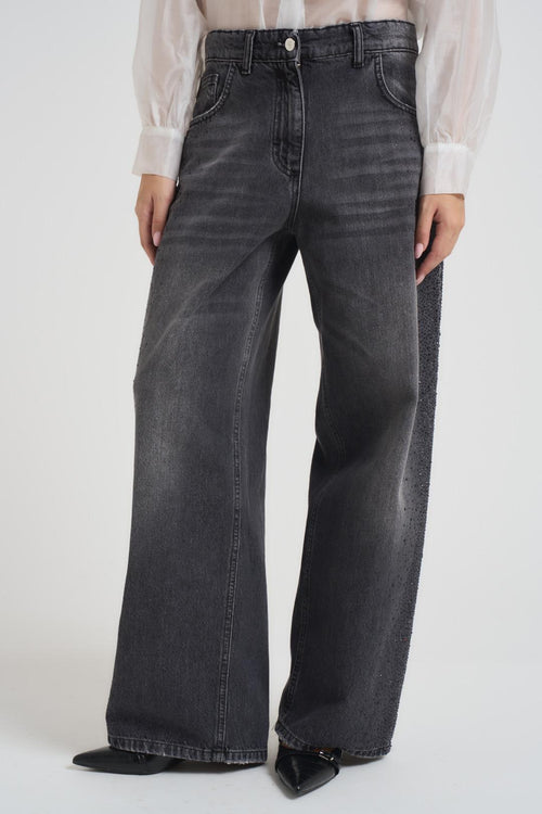 Jeans donna a palazzo in denim grigio e strass - 1