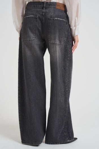 Jeans donna a palazzo in denim grigio e strass - 4
