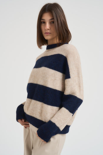 Maglia donna a righe blu e panna - 4