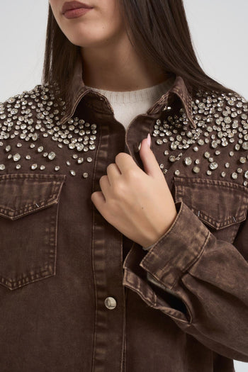 Camicia donna in denim marrone con strass - 3