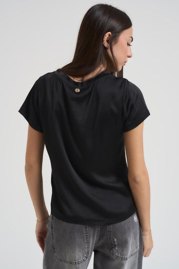 T-shirt donna girocollo satinata nera - 3