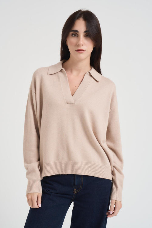 Maglione donna con colletto polo beige