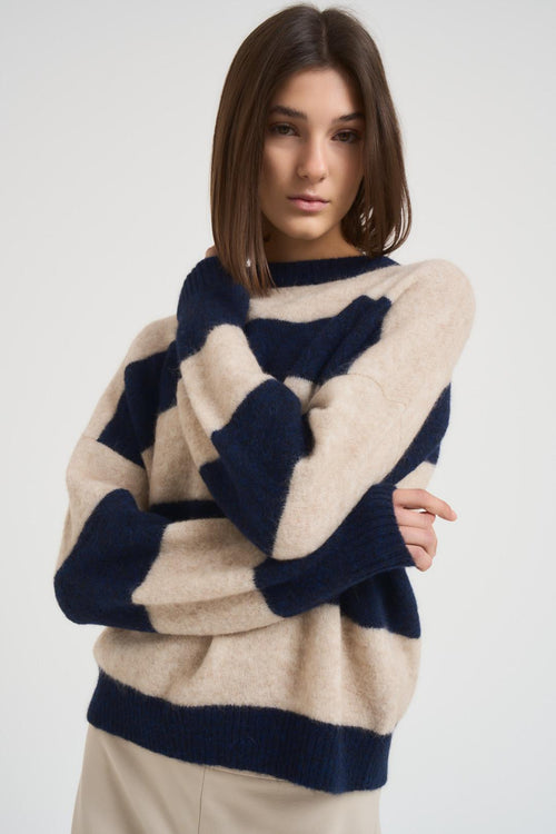 Maglia donna a righe blu e panna