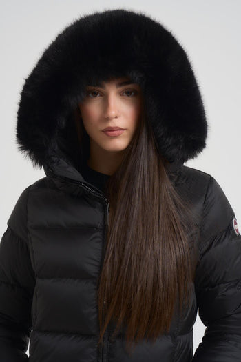 Piumino donna trapuntato con bordo in vera pelliccia nero - 8