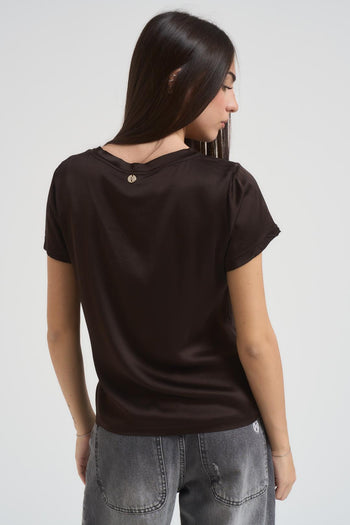 T-shirt donna girocollo satinata marrone - 3