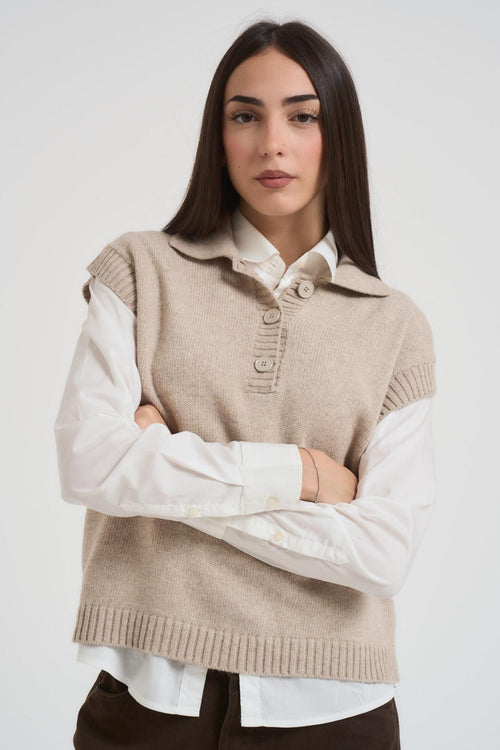 Gilet donna a polo in maglia beige - 2
