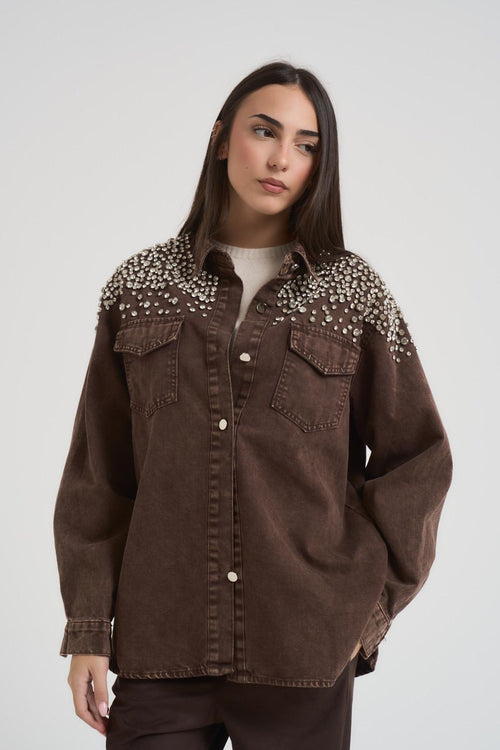 Camicia donna in denim marrone con strass - 2