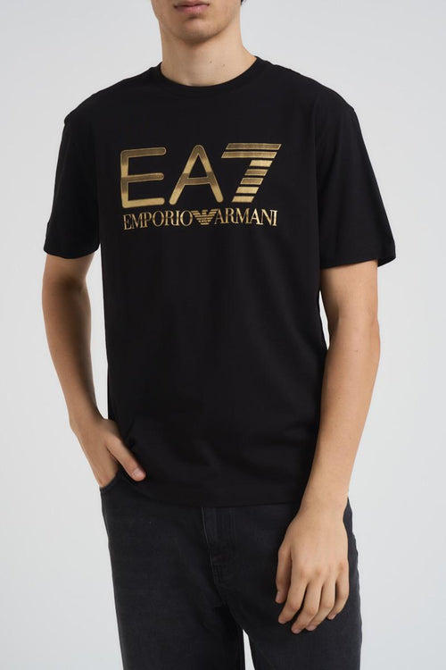 T-shirt uomo girocollo nera con logo oro