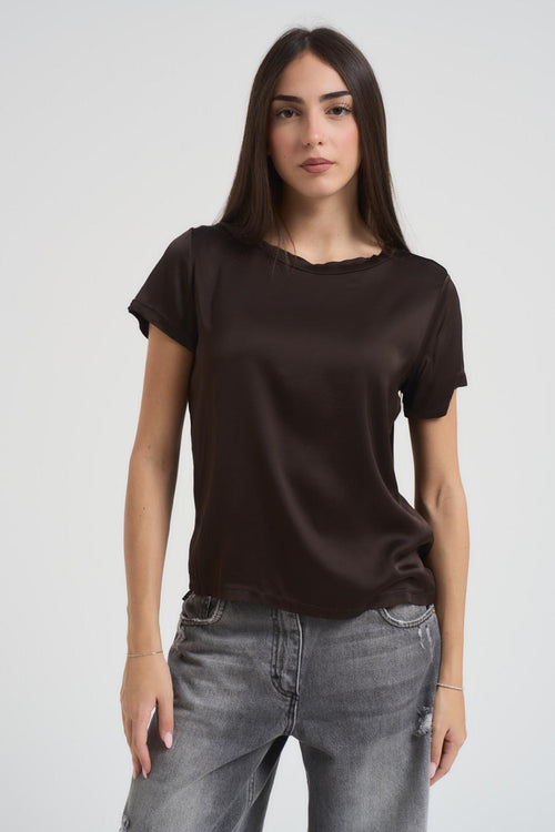 T-shirt donna girocollo satinata marrone