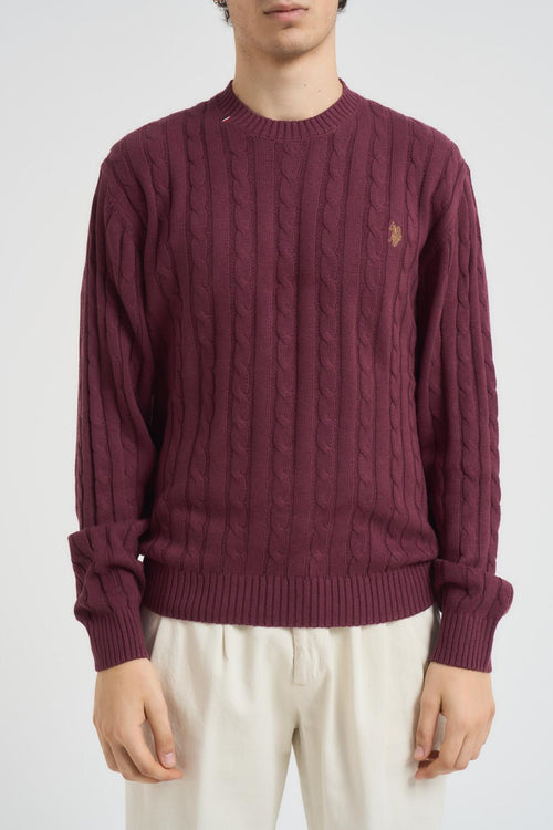 Maglia uomo girocollo a treccia bordeaux
