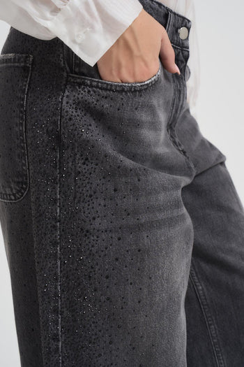 Jeans donna a palazzo in denim grigio e strass - 5