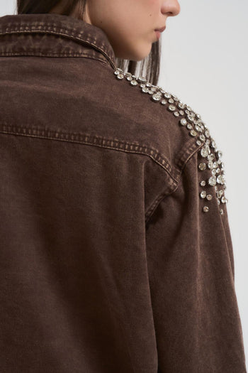 Camicia donna in denim marrone con strass - 5