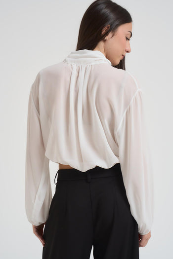 Blusa donna cropped con fiocco bianca - 4