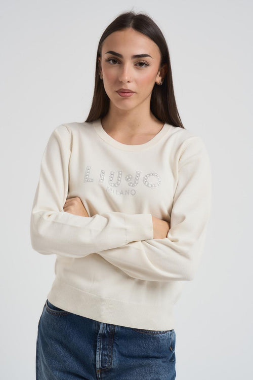 Felpa donna girocollo panna con strass