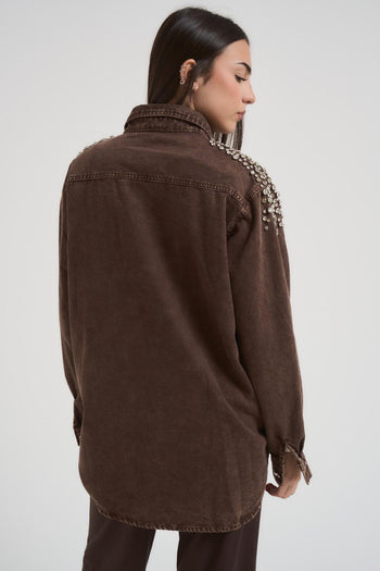 Camicia donna in denim marrone con strass - 4