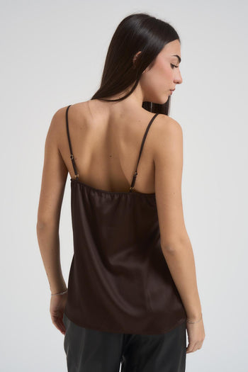 Top donna satin intarsi in pizzo marrone - 4