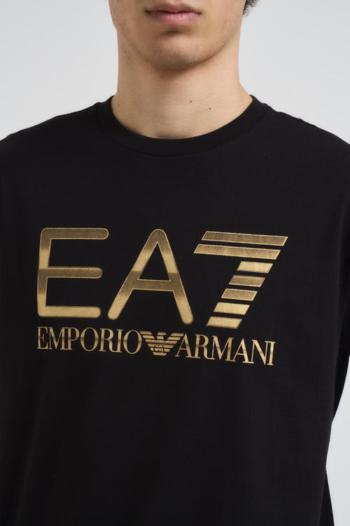 T-shirt uomo girocollo nera con logo oro - 2