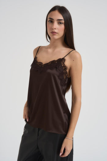 Top donna satin intarsi in pizzo marrone - 3