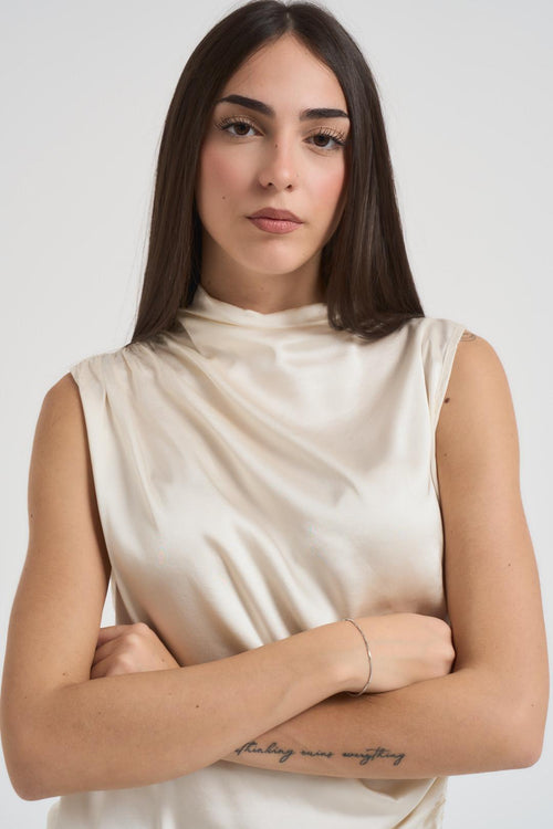 Top donna smanicato satinato panna - 2
