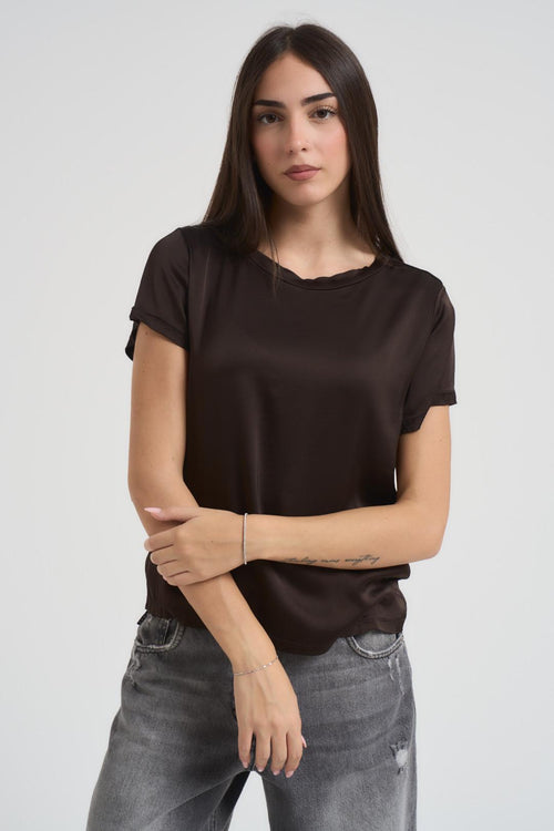 T-shirt donna girocollo satinata marrone - 2