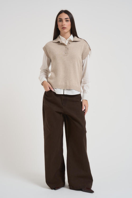 Gilet donna a polo in maglia beige