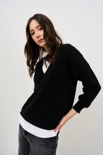 Maglione donna scollo V nero - 3