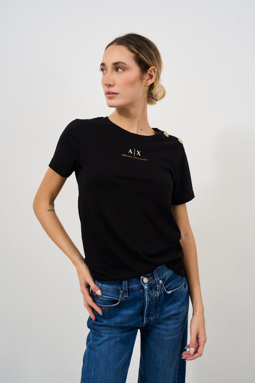 Black women's t-shirt with gold button detail