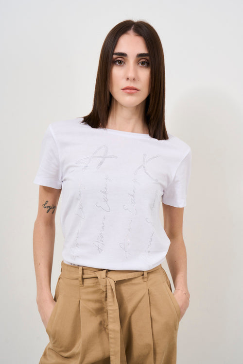 T-shirt donna bianca con strass - 1