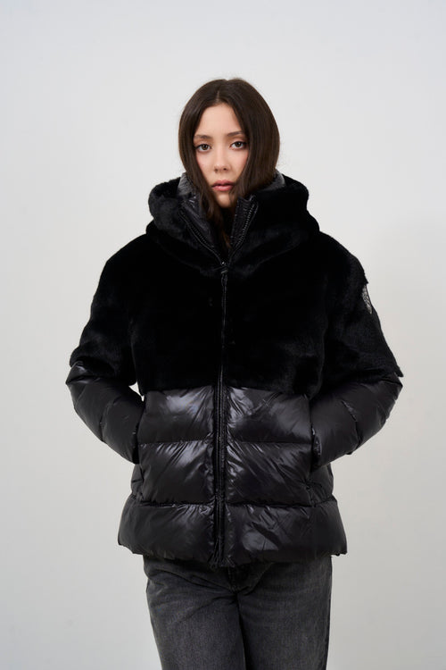 Women's short black down jacket with fur top