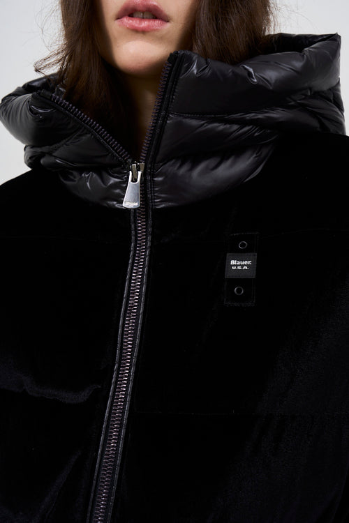 Women's short black down jacket with fur - 2