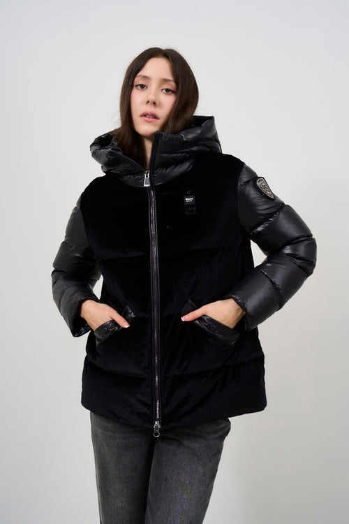 Women's short black down jacket with fur