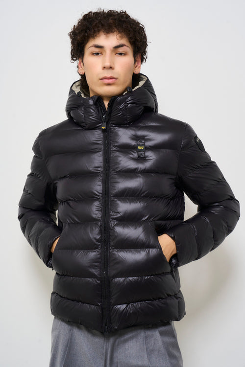 Men's black quilted down jacket with hood - 2