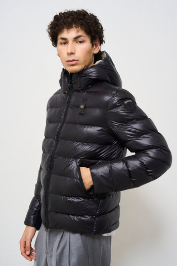 Men's black quilted down jacket with hood - 3