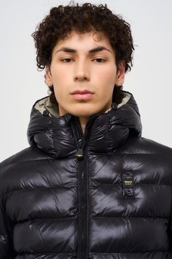 Men's black quilted down jacket with hood - 4