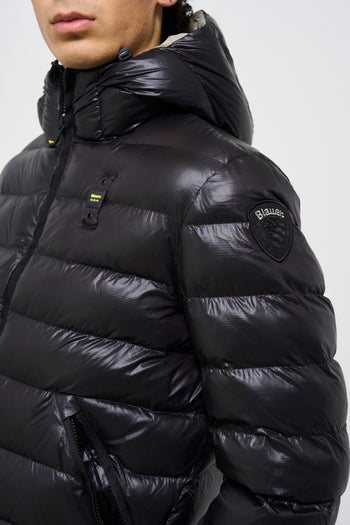 Men's black quilted down jacket with hood - 6