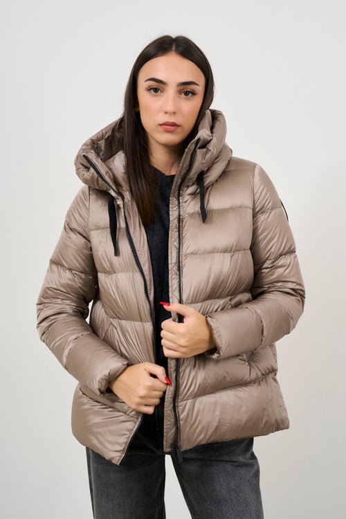 Women's short beige nylon down jacket