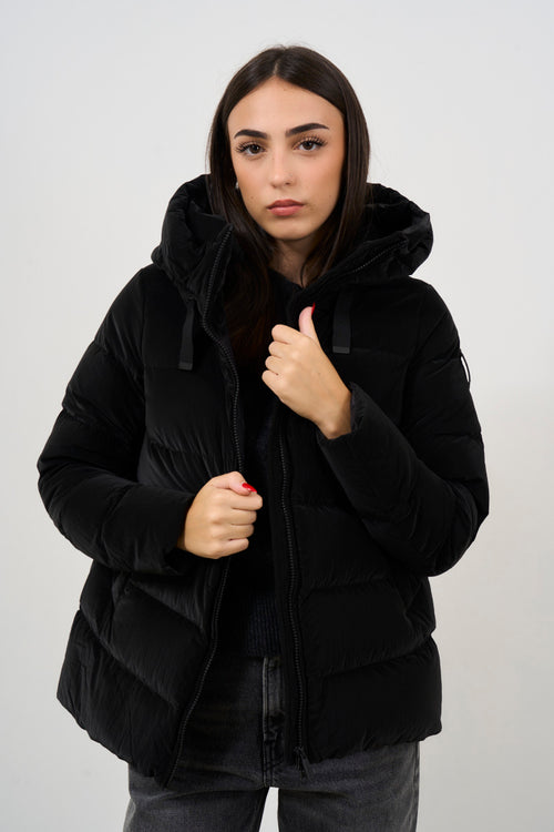 Women's short down jacket with black velvet effect