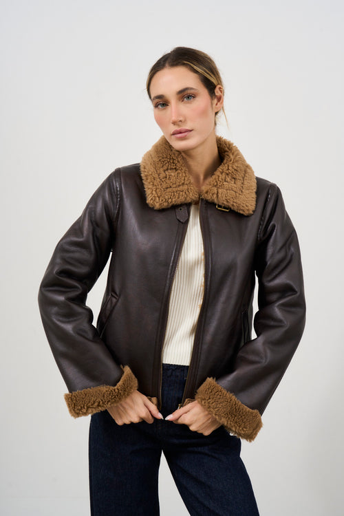 Sheepskin in soft dark brown eco-leather