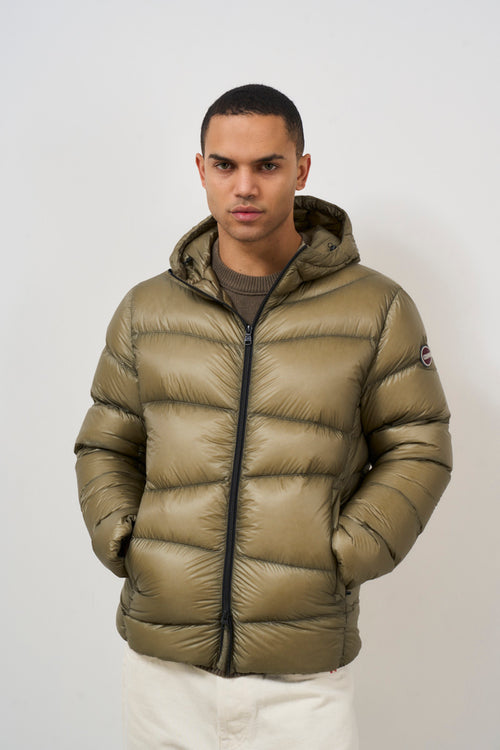 Green men's down jacket with hood