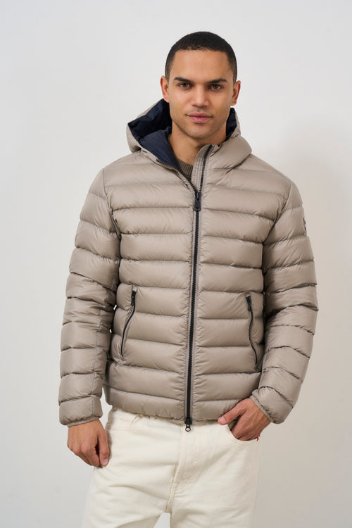 Beige men's down jacket with hood