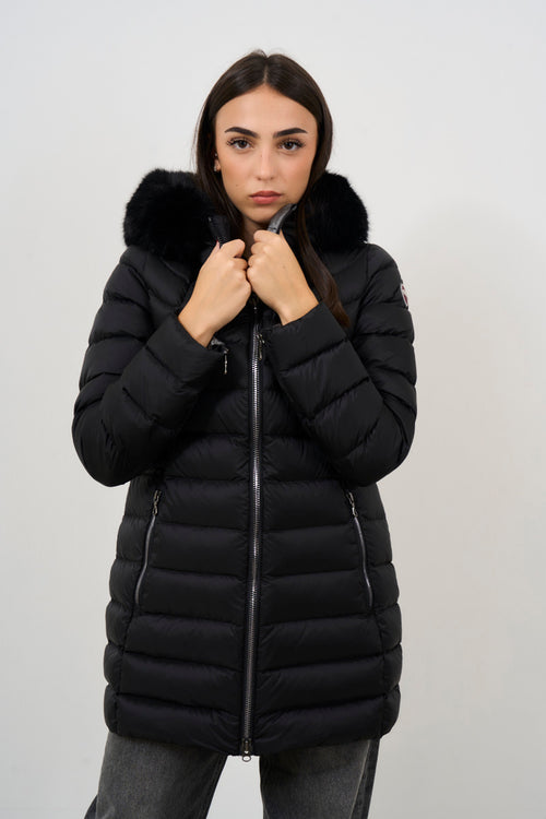 Women's black midi down jacket with hood