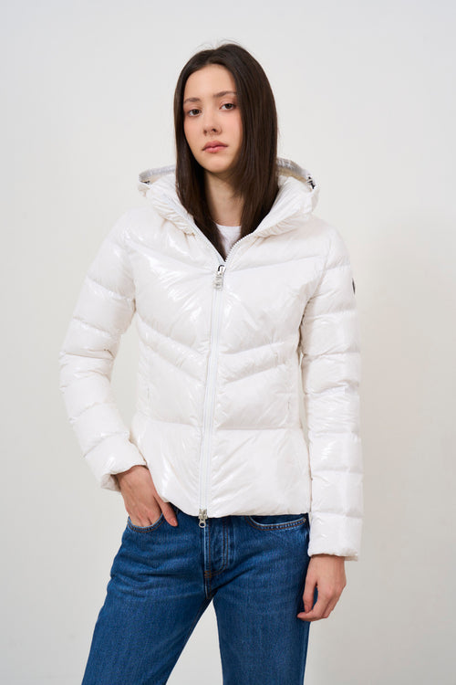 White women's down jacket with hood